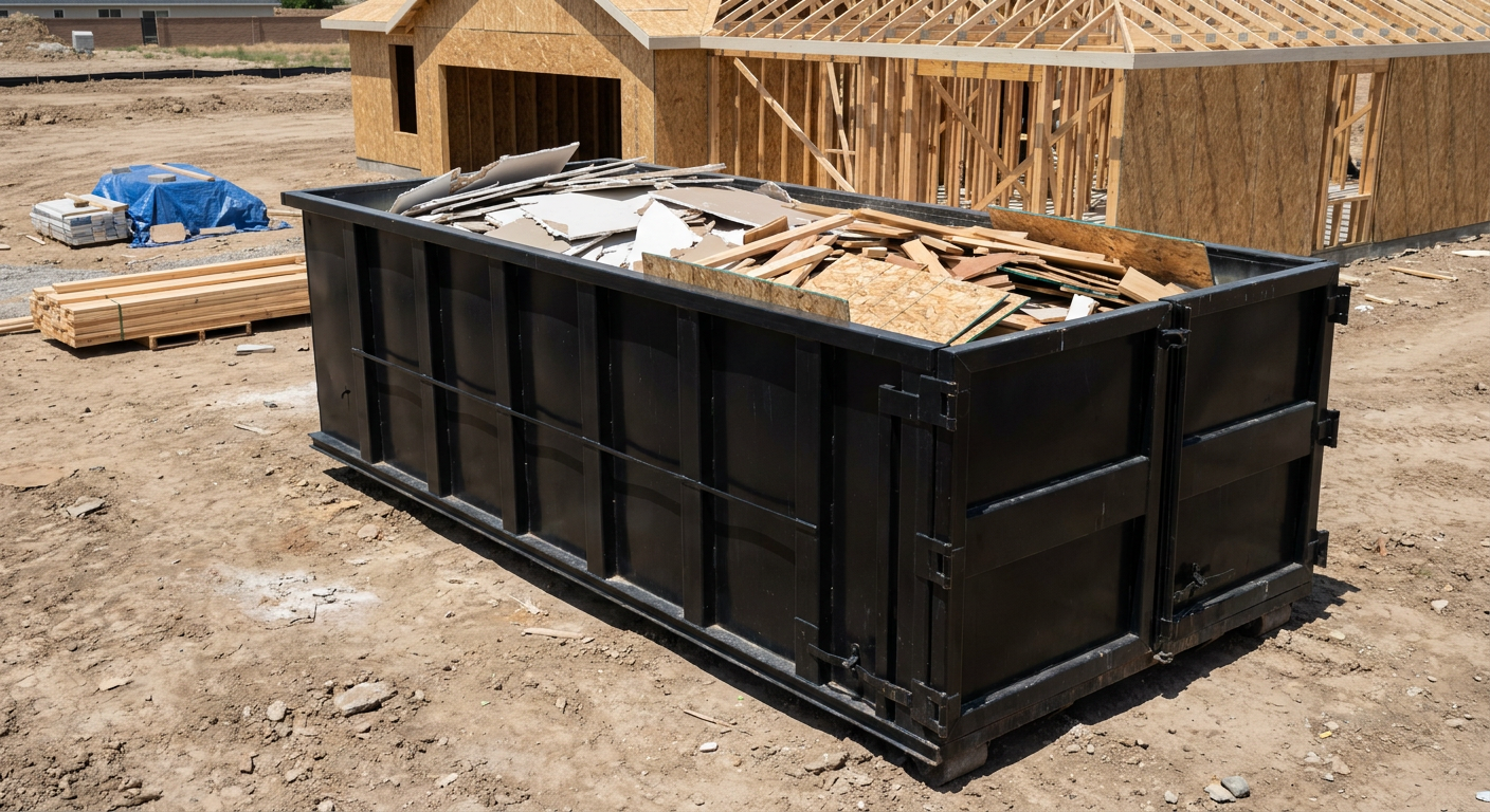 Matte-black 30-yard roll-off construction dumpster sitting directly on the compacted-dirt site of a framed single-family home build in Omaha, drywall and lumber scrap loaded inside.