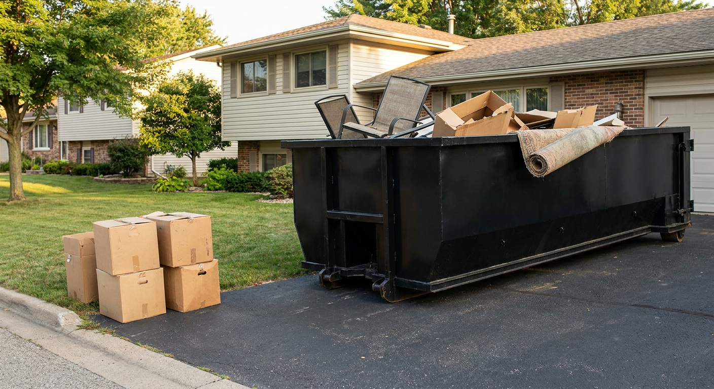 Front-yard view of a Omaha split-level home with a 20-yard matte-black roll-off dumpster sitting directly on the asphalt driveway, a few clearly labeled donation boxes staged at the curb, calm sunny afternoon.