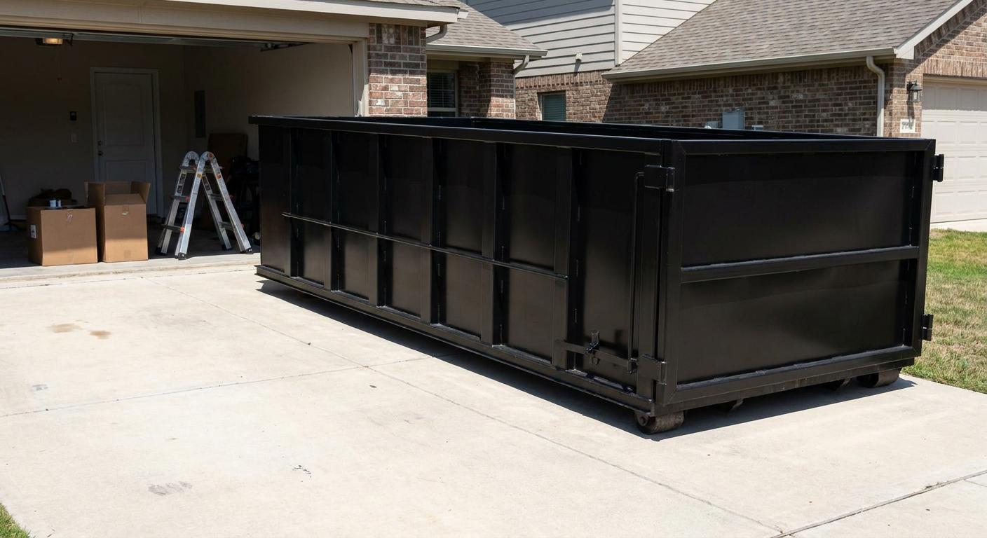 A matte-black 10-yard roll-off dumpster sitting directly on a residential Omaha concrete driveway, mid-day sunlight, clean and ready for a garage cleanout.