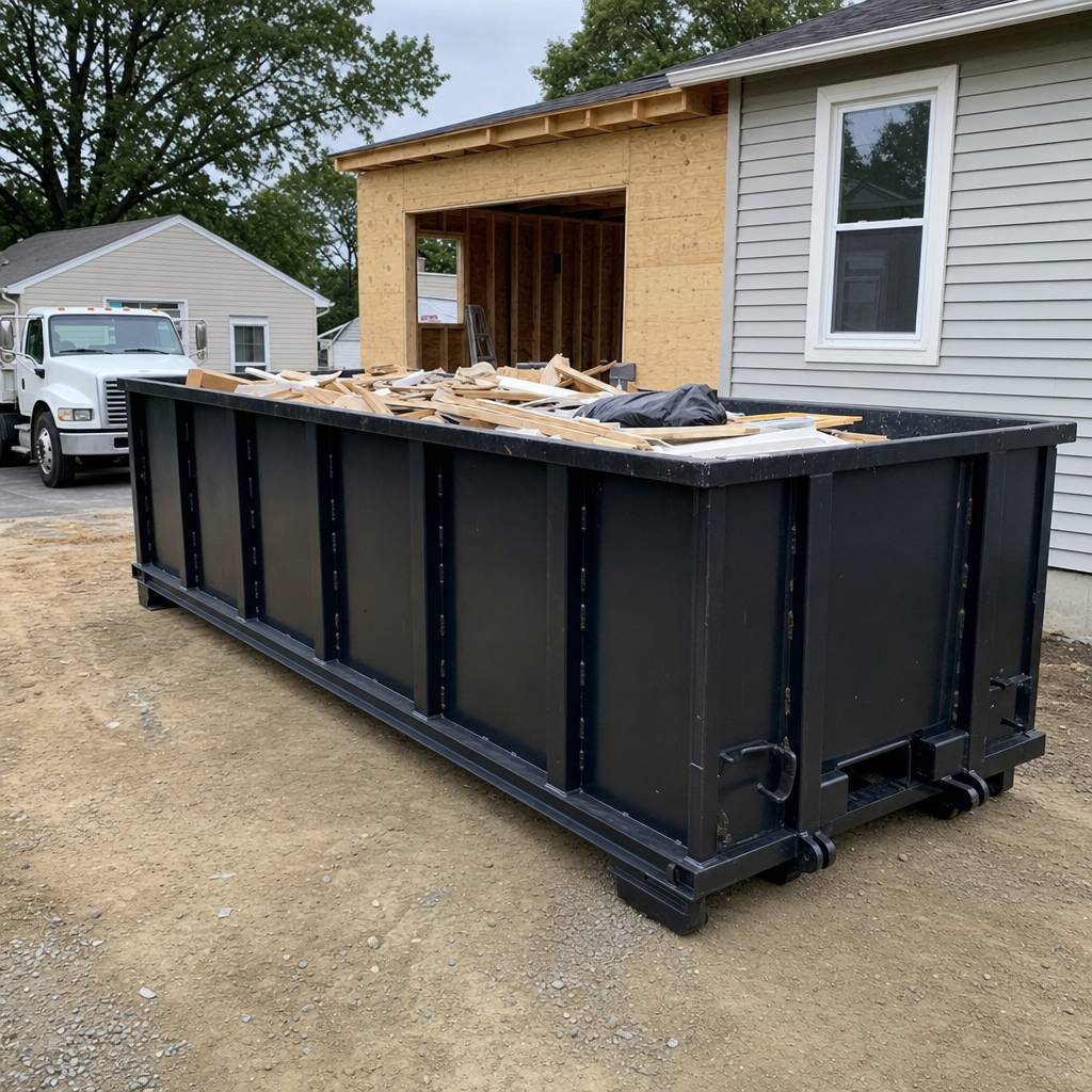 A matte-black 30-yard roll-off dumpster positioned at a Omaha residential addition jobsite, with framing lumber and drywall scraps loaded through the open swinging rear doors.