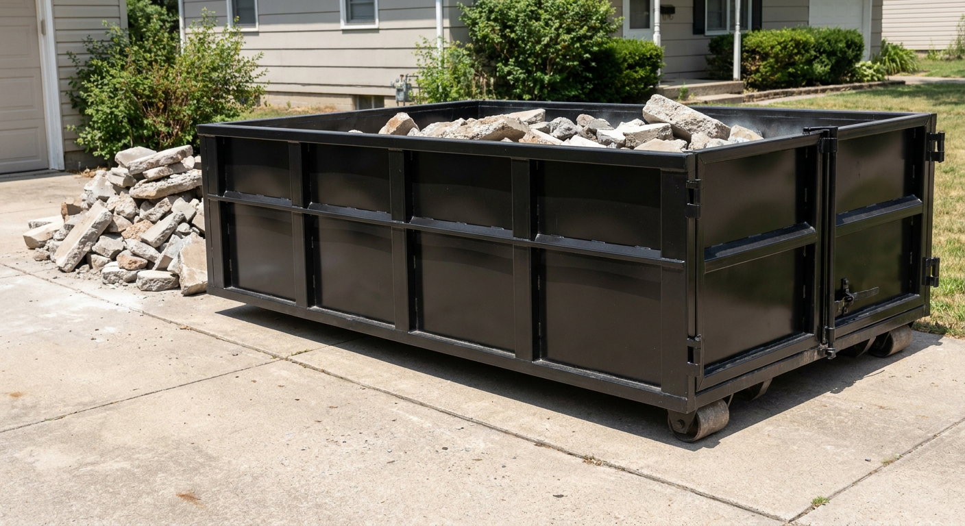 A matte-black low-side heavy-debris roll-off dumpster placed directly on a Omaha concrete driveway, with broken concrete chunks neatly stacked beside it under clean daylight.
